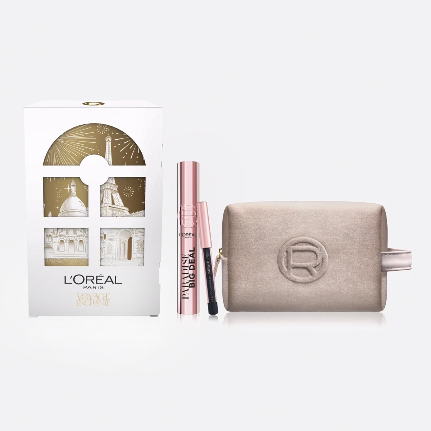 L'OREAL PARIS MAXI POCCHETTE BEIGE + MINI BLACK PENCIL + PARADISE BIG DEAL BLACK MASCARA