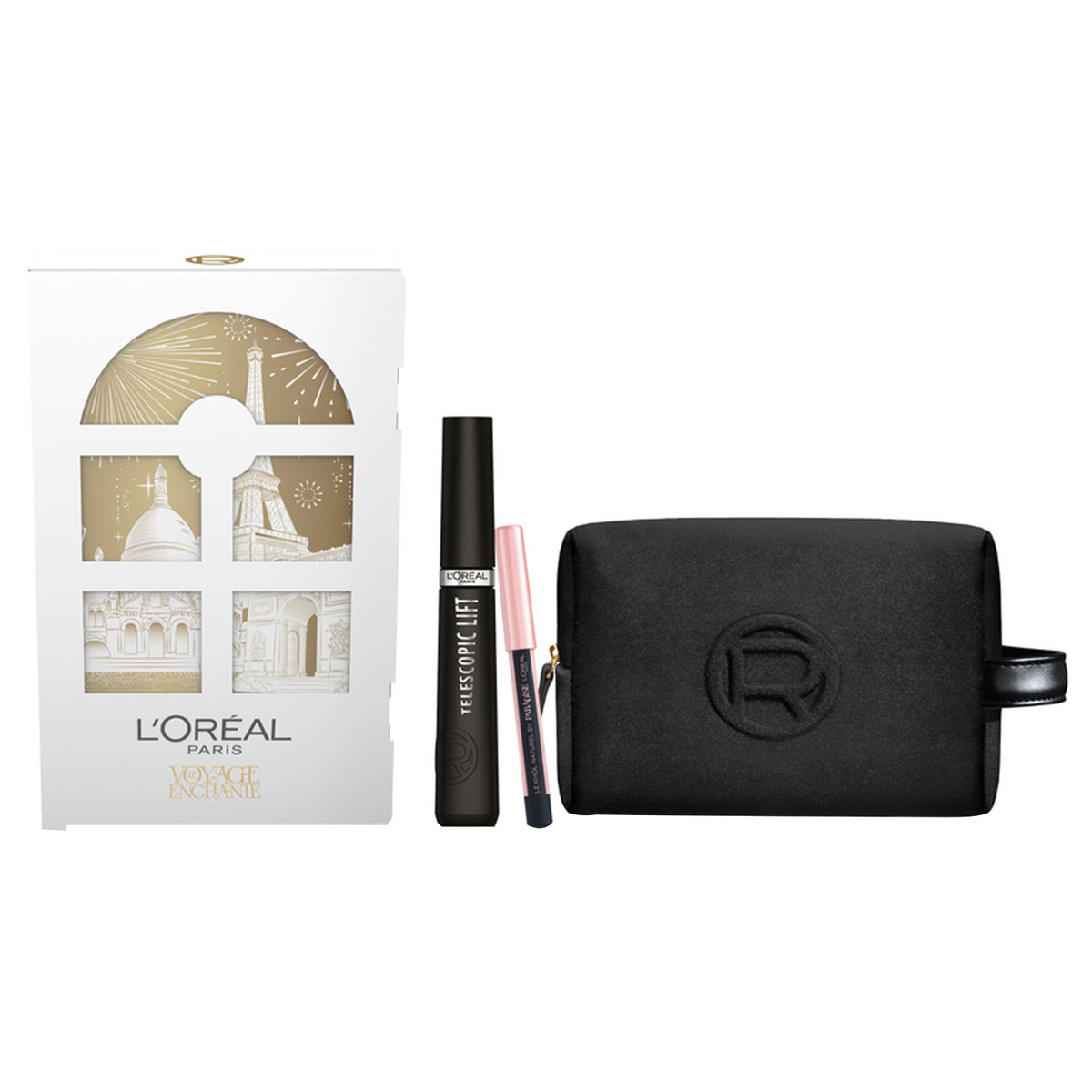 L'OREAL PARIS MAXI BLACK POUCH + MINI BLACK PENCIL + TELESCOPIC LIFT BLACK MASCARA